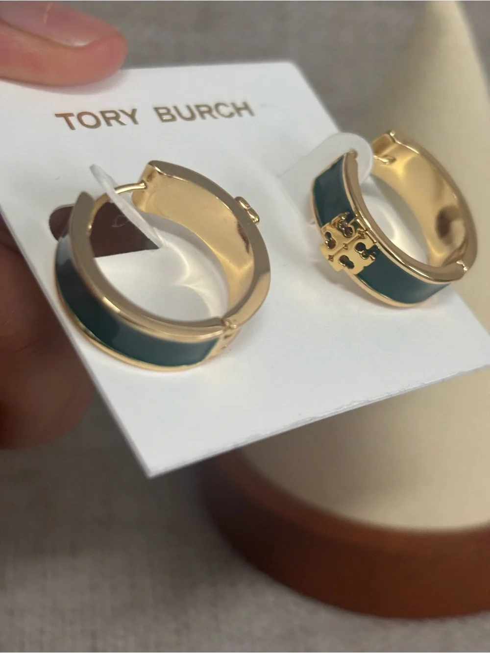 Tory Burch Green Enamel Gold-tone Hoop Huggies Earrings